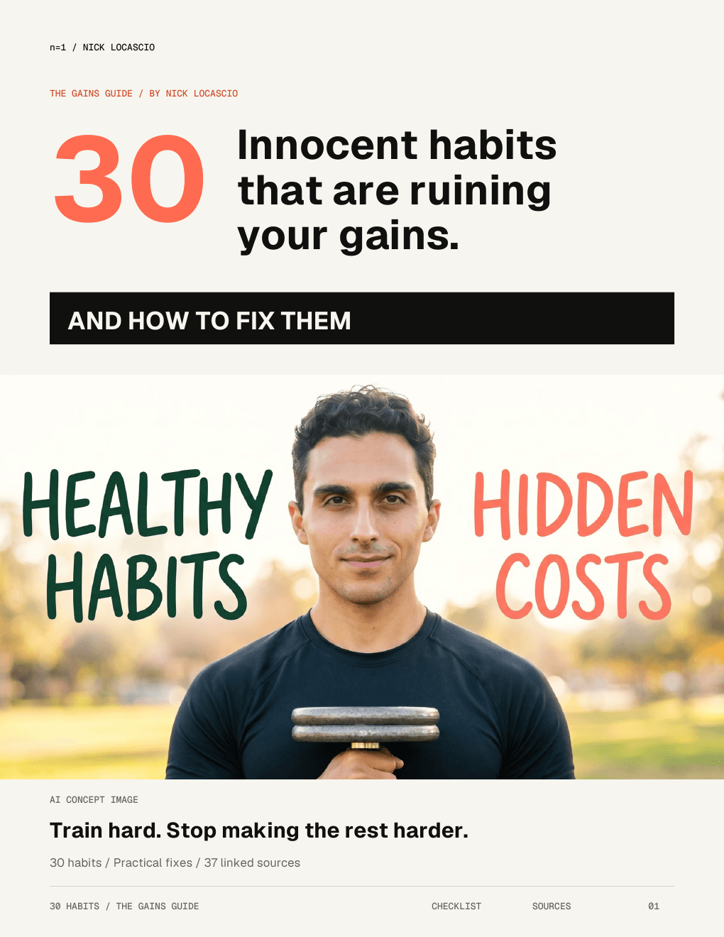 Cover of 30 Innocent Habits That Are Ruining Your Gains by Nick Locascio