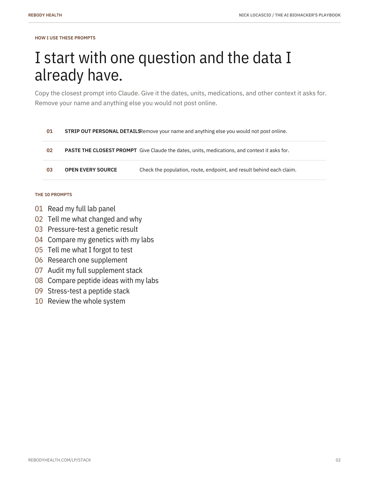 Contents page from The AI Biohacker's Playbook