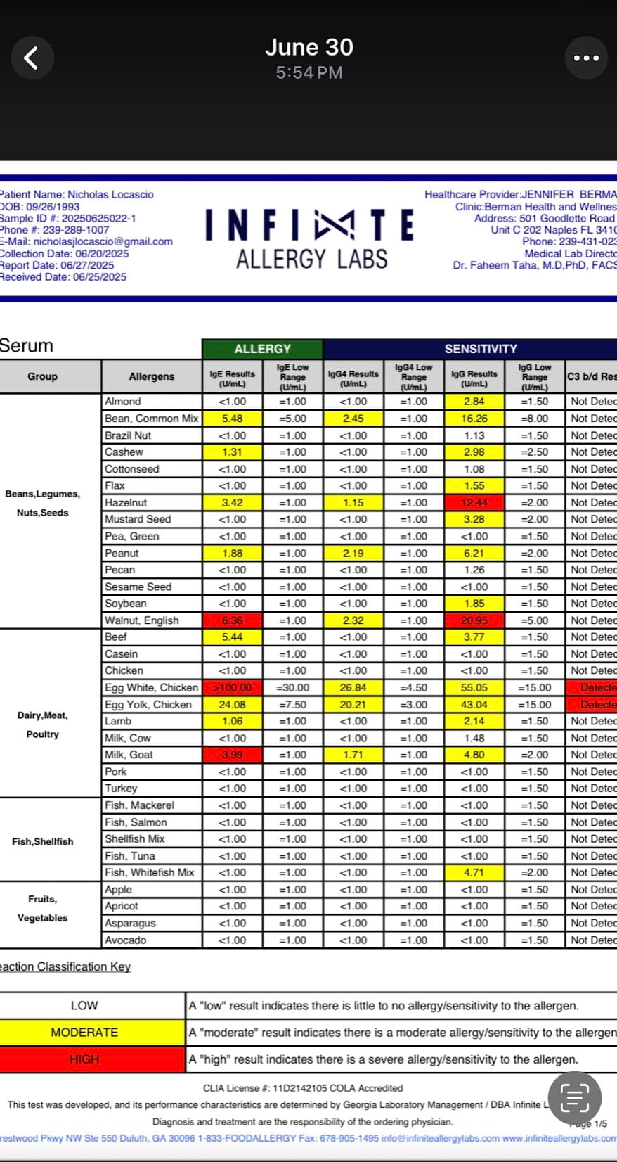 Nick's June 2025 food allergy report, with egg white IgE above 100