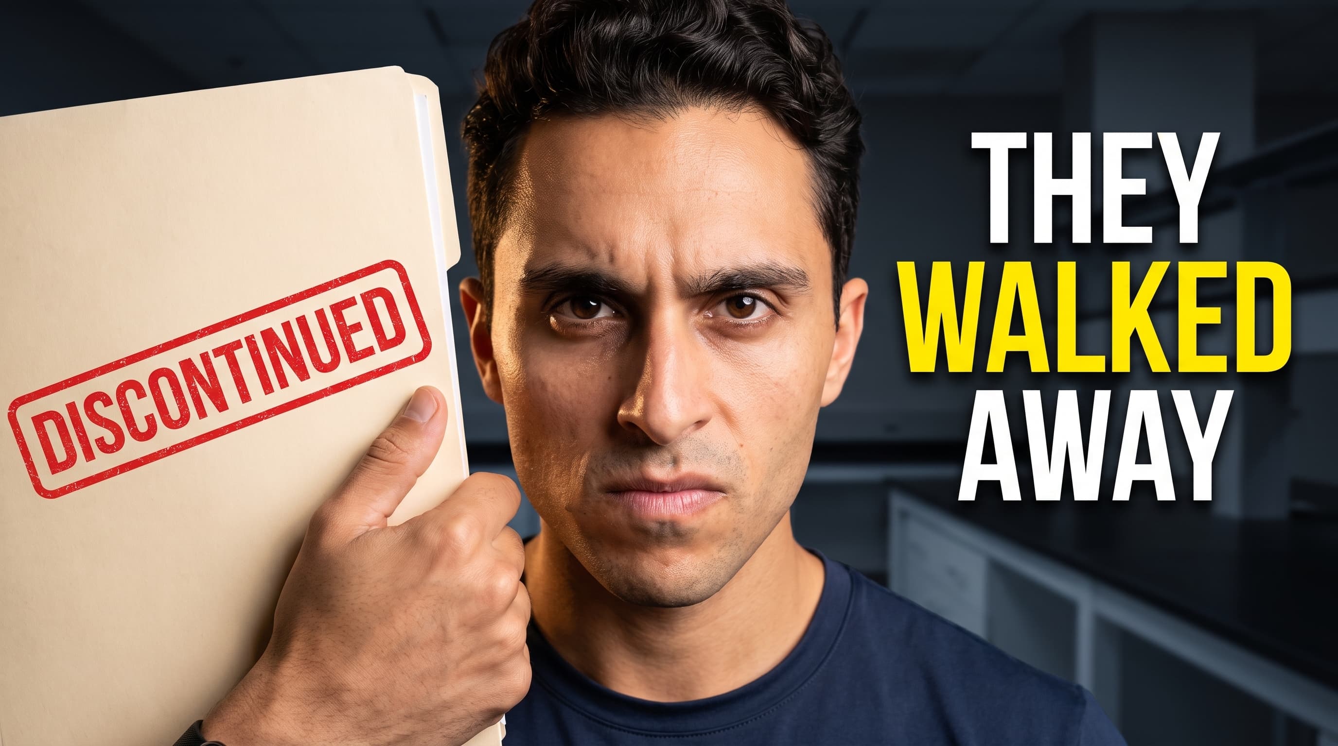 Nick holding a research folder stamped DISCONTINUED beside his face, with the words They Walked Away