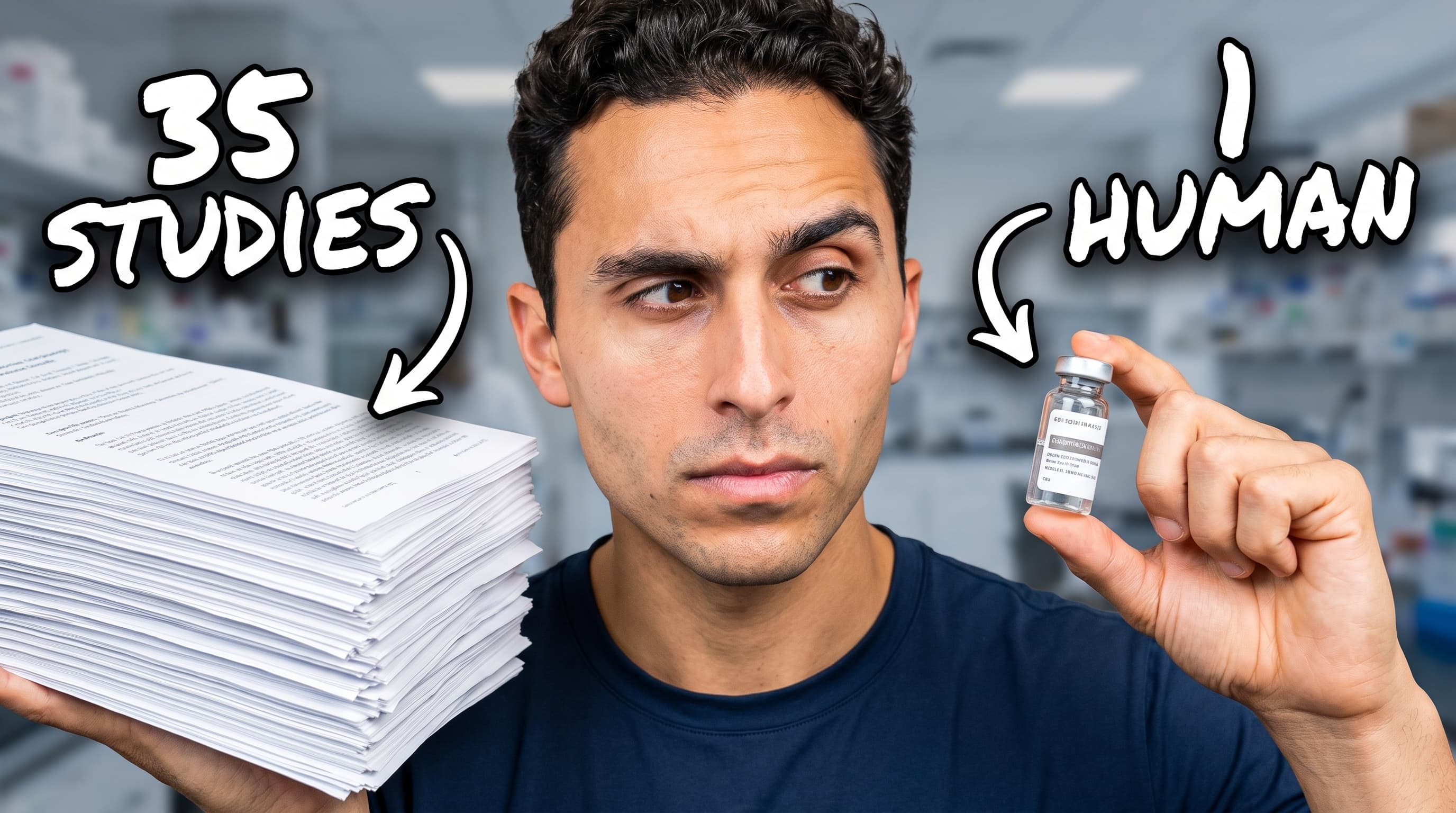 Nick holding a thick stack of scientific papers labelled 35 studies in one hand and a single small vial labelled 1 human in the other