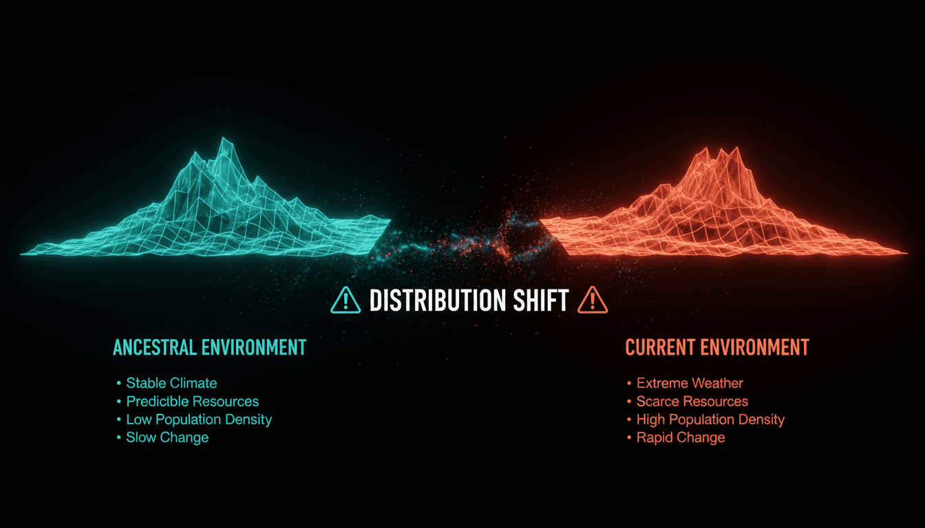 Two glowing bell curves showing distribution shift — teal curve for ancestral training environment (300k years: natural folate, microbial exposure, physical labor, wild food) and coral curve for modern production environment (last 100 years: synthetic folic acid, antibiotics, sedentary, processed food) with a mismatch arrow between them