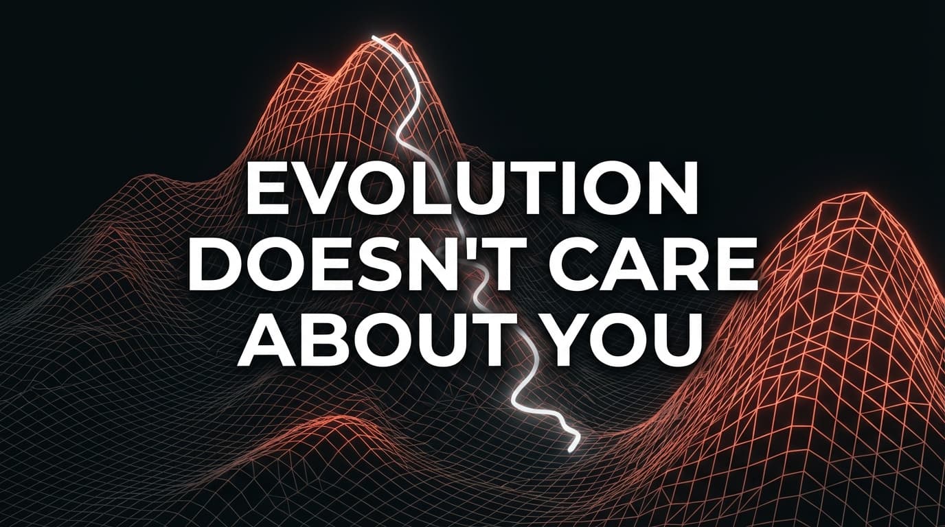 Abstract dark fitness landscape with glowing coral-orange branching paths representing evolutionary selection pressure