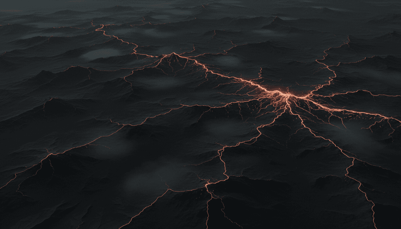 Abstract dark fitness landscape with glowing coral-orange branching paths representing evolutionary selection pressure