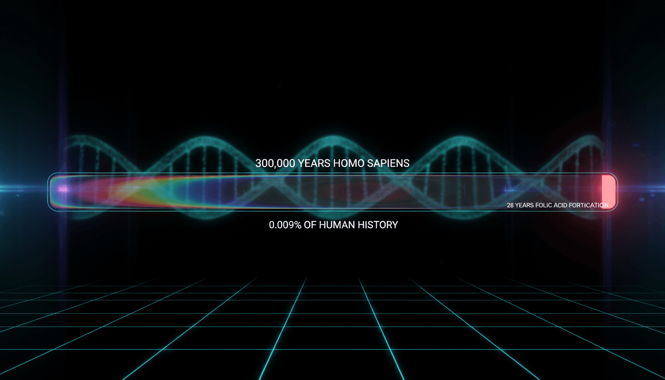 Timeline showing 300,000 years of Homo sapiens history as a long bar, with folic acid fortification (28 years) as a barely visible glowing sliver at the far right — 0.009% of human history