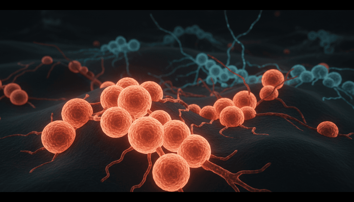 Microscopic visualization of Staphylococcus bacteria glowing coral-orange against a dark background, with fading healthy bacteria in teal