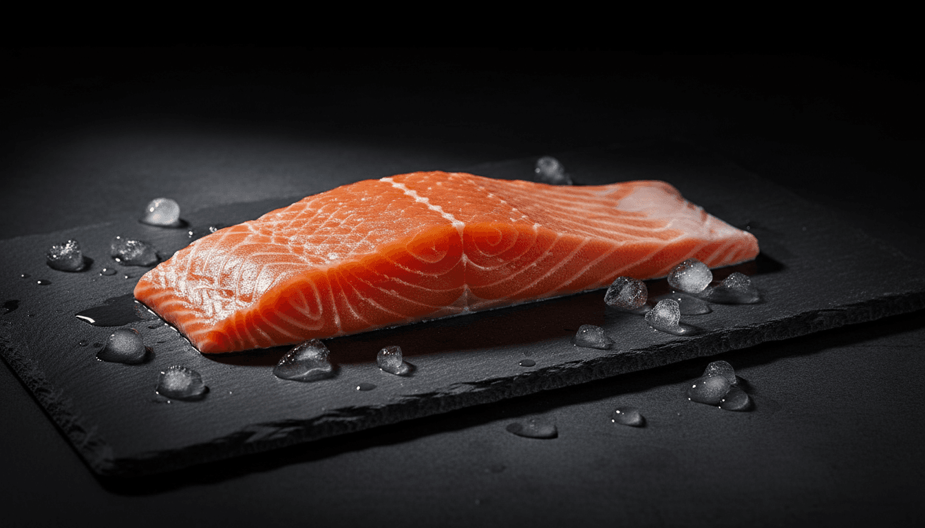 Wild sockeye salmon fillet on dark slate with ice crystals, dramatic editorial food photography