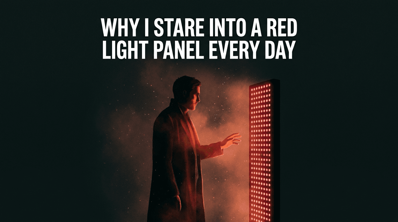 A man silhouetted in front of a glowing red light therapy panel in a dark room