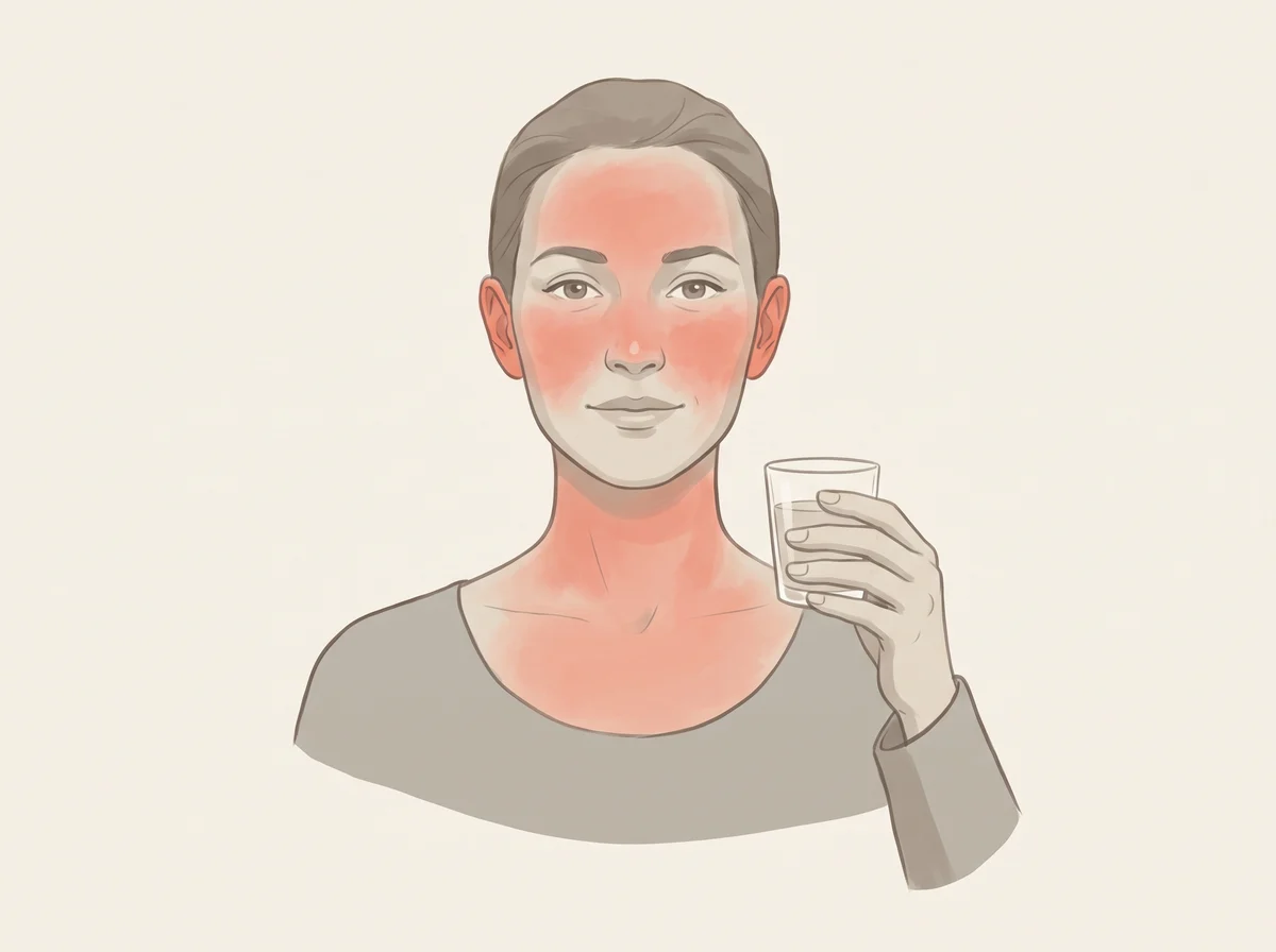 Illustration of face turns red after one drink. Within minutes of a small amount of alcohol, the face, neck, and sometimes chest turn red. A racing heart or nausea often comes with it.