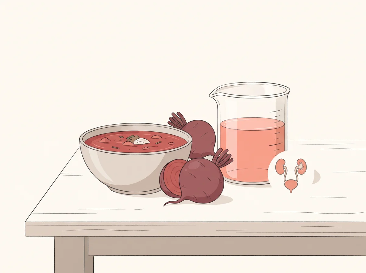Illustration of pink or red pee after eating beets. Your pee turns pink, red, or purplish after you eat beets, drink beet juice, or eat foods colored with beet. It fades as the beets pass through your system.
