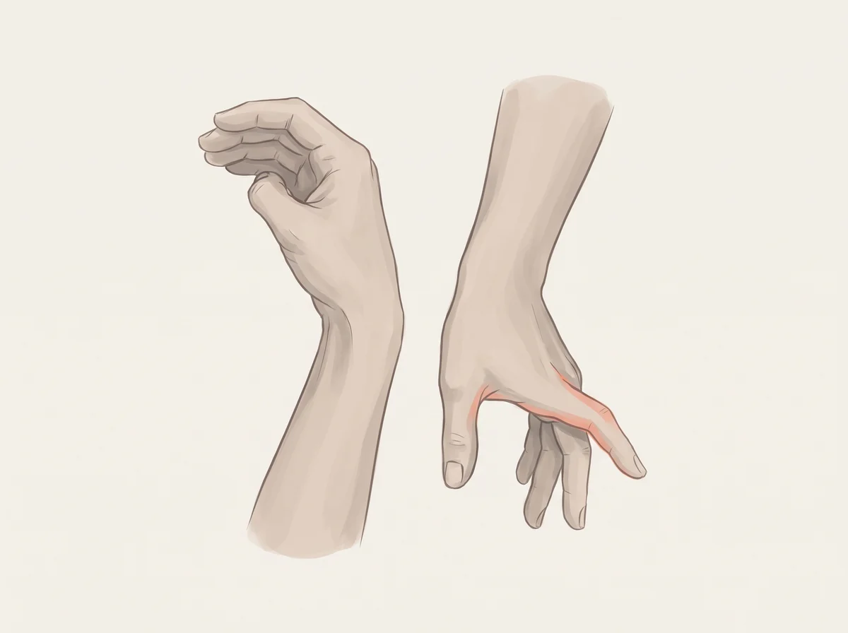 Illustration of thumbs or fingers that bend back further than most. Your thumb can bend back to touch your forearm, your pinky bends back past 90 degrees, or your elbows and knees bend past straight. Doctors count these moves on a 9-point check called the Beighton score.