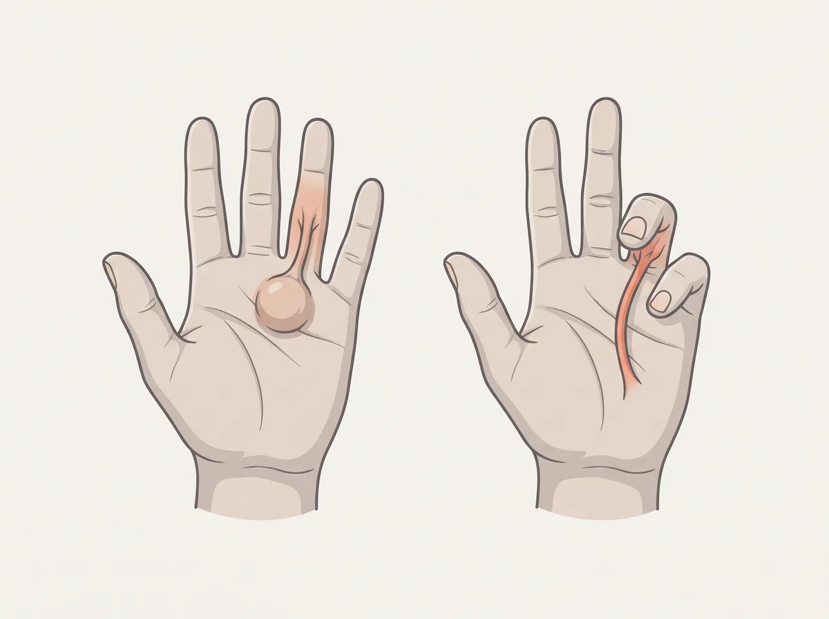 Illustration of a cord in the palm that bends a finger. A firm lump or pit in the palm, usually below the ring or pinky finger, that grows into a tight cord. Over months or years the cord pulls the finger toward the palm, and you can no longer lay your hand flat on a table.
