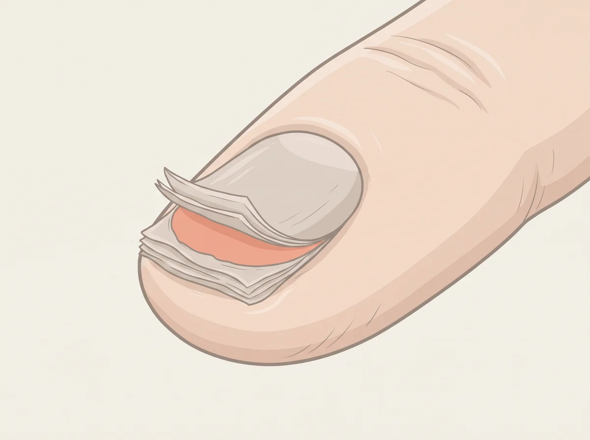 Illustration of nails that split and peel in layers. The tip of the nail splits into thin, flat layers that flake off, a bit like pastry. The nail may also feel soft and bendy, or crack at the edge.