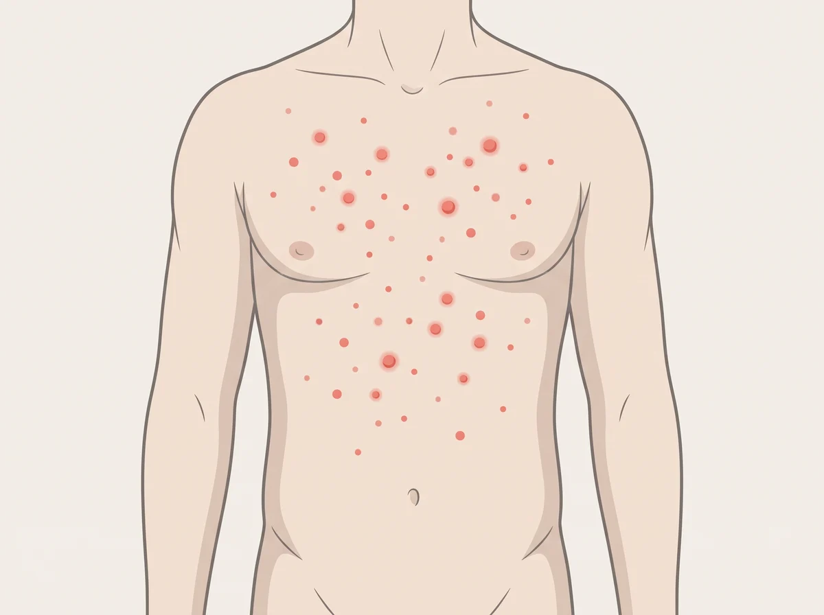 Illustration of tiny bright red dots on the chest or belly. Round spots, light red to dark red, from pinhead size up to about 4 millimeters across. They are smooth or slightly raised and show up most on the chest, belly, back, arms, and legs.