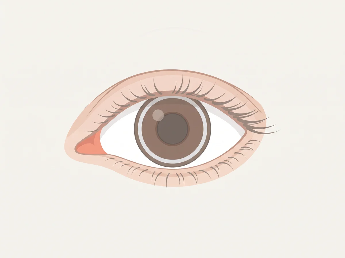 Illustration of a grey ring around the iris before age 45. A grey, white, or bluish ring at the outer edge of the colored part of the eye, often with a thin clear gap next to the white. It usually starts at the top and bottom and fills in to a full circle.