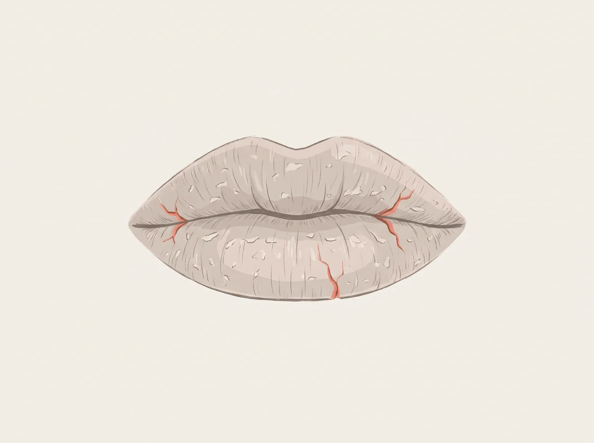 Illustration of lips that stay dry and cracked. Lips that feel tight, flake, peel, or crack and do not get better with a few days of lip balm.