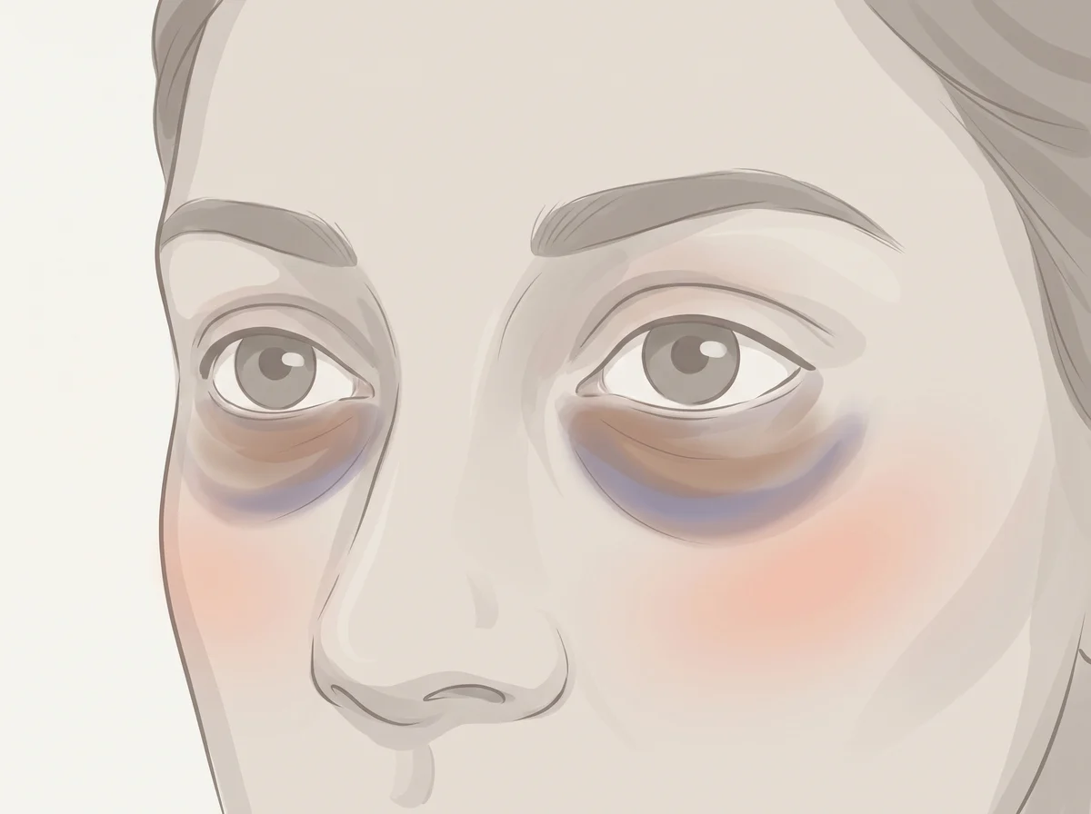 Illustration of dark circles under the eyes. Brown, blue, or purple shading under both eyes that stays even after a good night’s sleep. Some circles are pigment in the skin, and some are veins or shadows showing through.