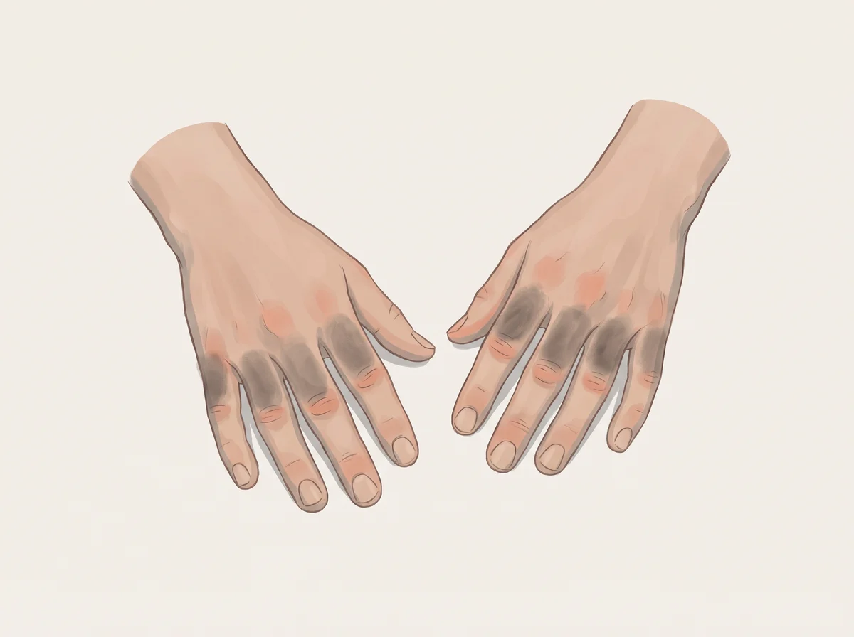 Illustration of dark patches over the knuckles. Skin over the knuckles turns clearly darker than the rest of the hand, often on both hands. With high insulin the skin can also feel thick and velvety, and similar dark patches may show up on the neck or armpits.