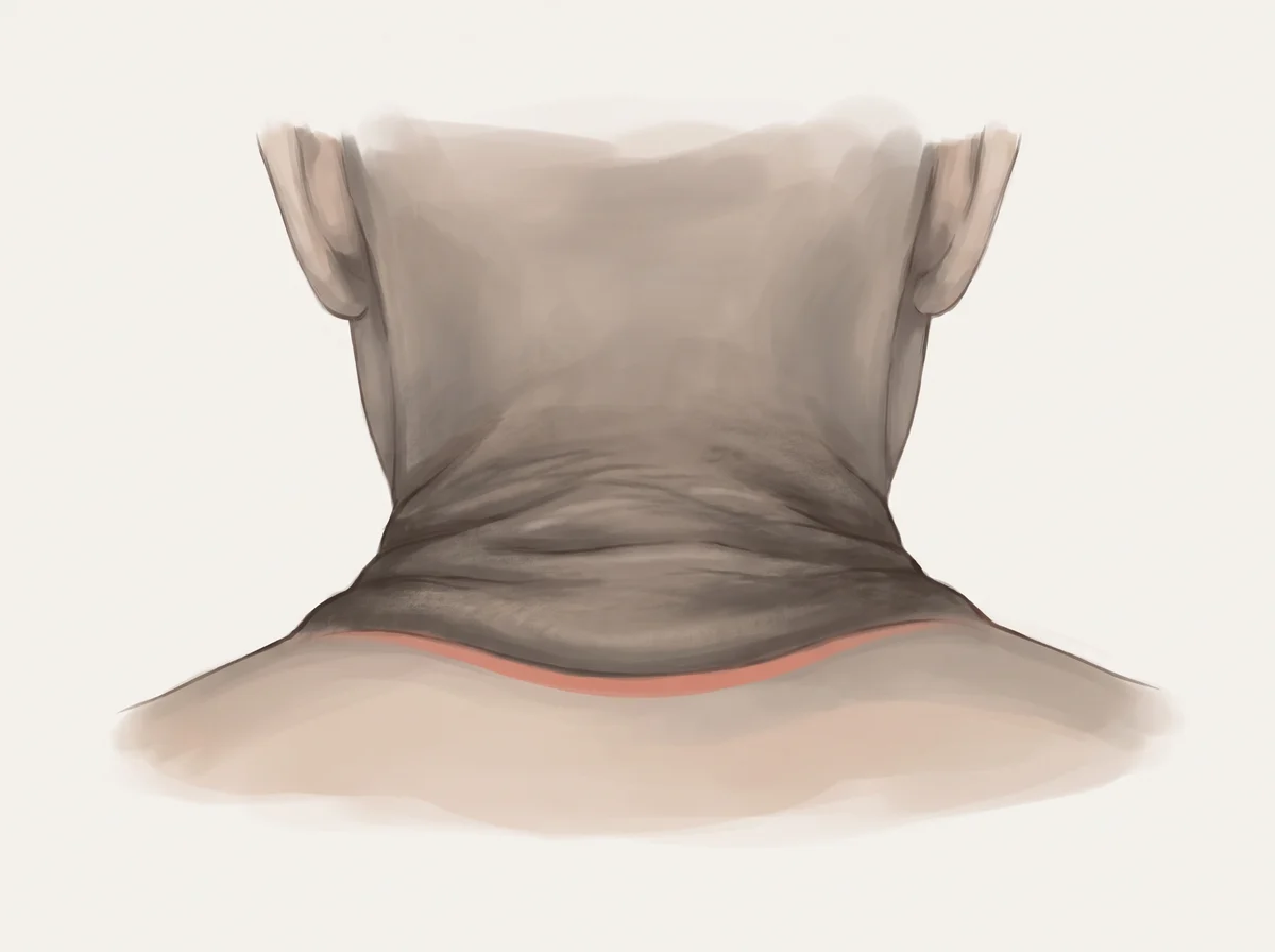 Illustration of dark, velvety skin on the neck or armpits. Skin in body folds, most often the back and sides of the neck or the armpits, turns darker and thicker with a soft, velvety feel. Elbows and knuckles can change too.