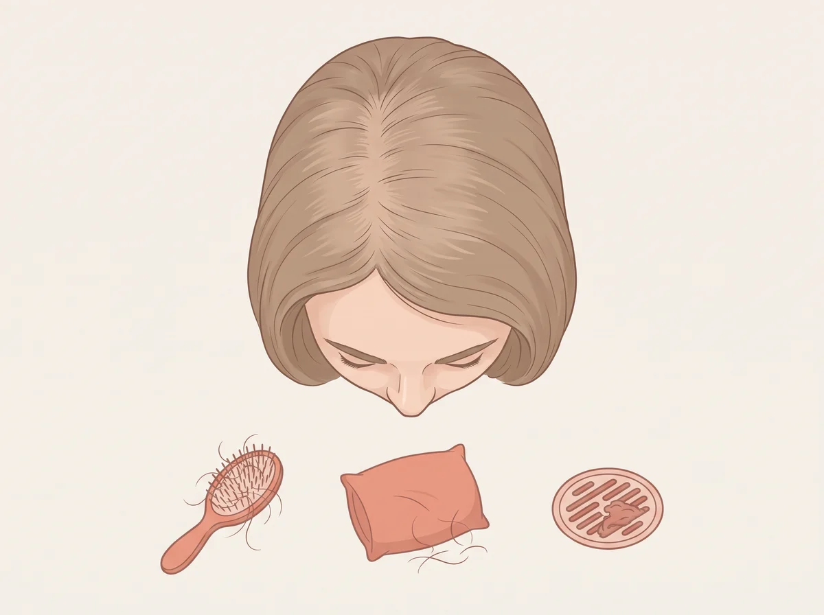 Illustration of hair shedding all over the scalp. More hair than usual in the shower drain, brush, or pillow, and a thinner ponytail or wider part. The loss is spread over the whole scalp, with no bald spots.