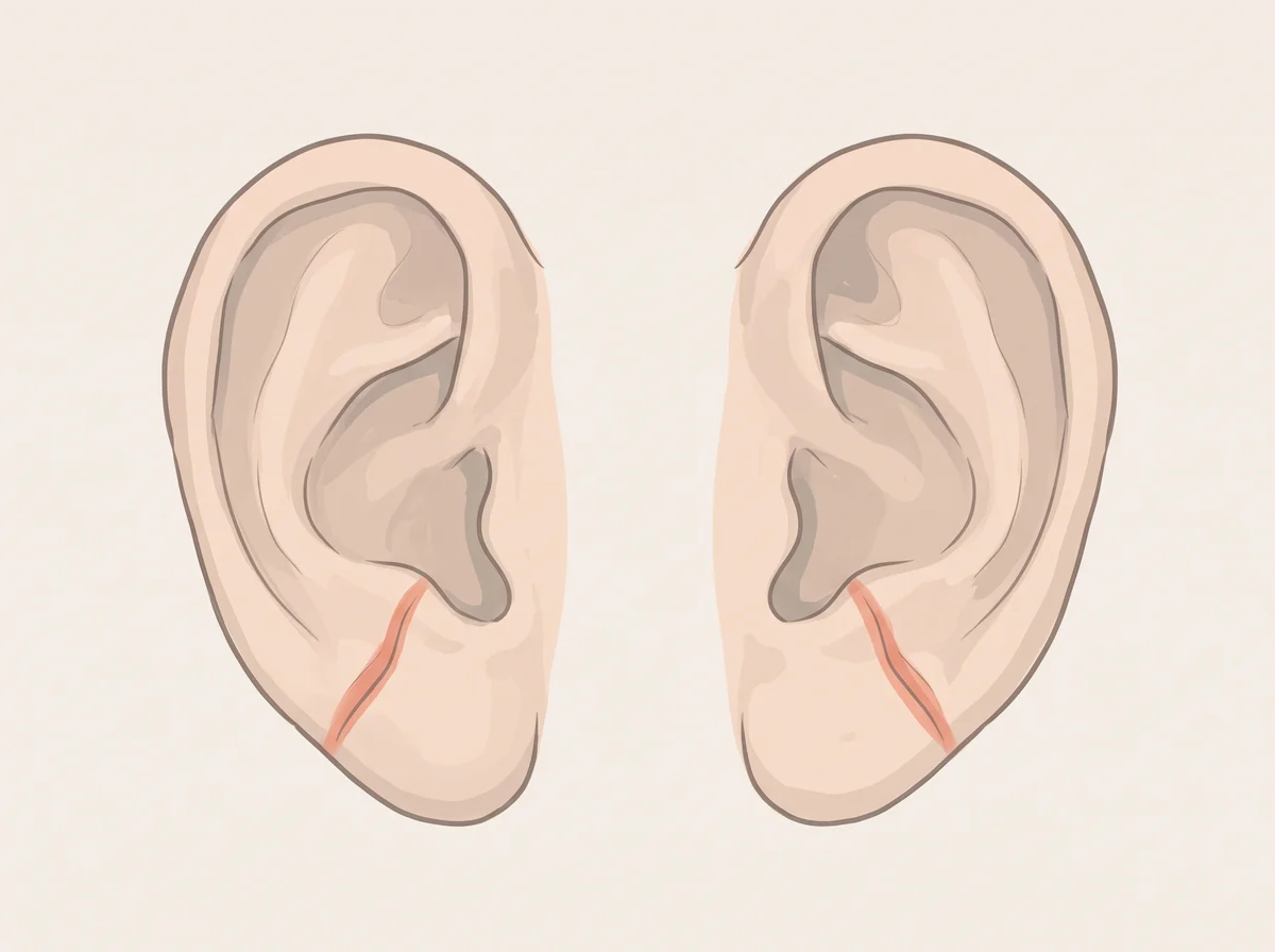Illustration of diagonal earlobe crease. A clear fold runs at a slant across the fleshy earlobe, from near the face down toward the back edge of the lobe. It can show on one ear or both.