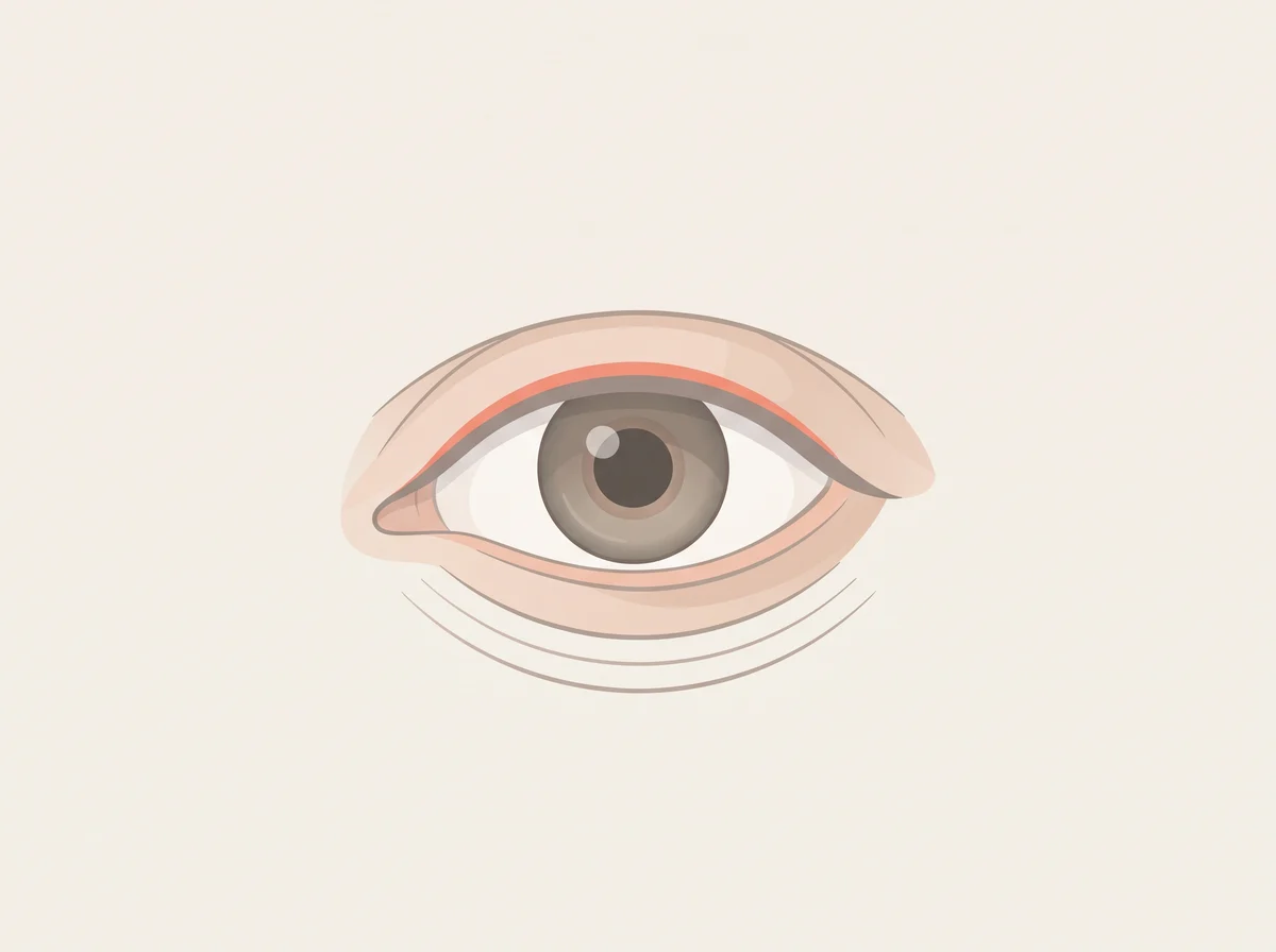Illustration of an eyelid that twitches for days. A fine, rippling flicker, most often in the lower eyelid of one eye. Other people usually cannot see it, and it comes and goes for seconds to hours.