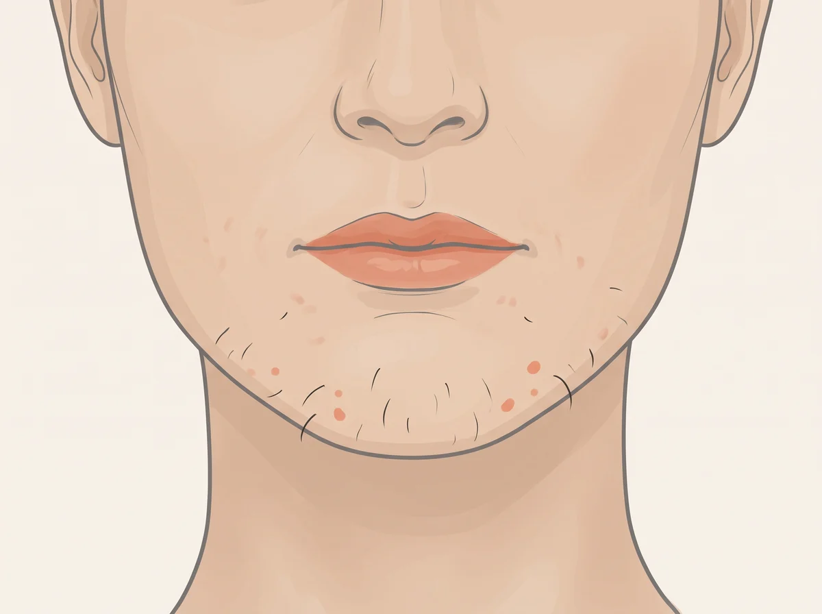 Illustration of coarse chin hair and jawline acne in women. Thick, dark hairs on the chin, upper lip, jawline, chest, or belly, in the pattern where men grow hair. Some women also get deep, stubborn pimples along the jaw and chin.