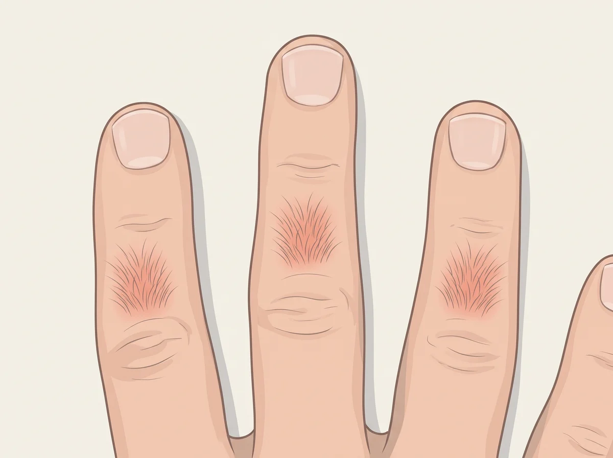Illustration of hair on the middle part of your fingers. Look at the backs of your fingers, between the two knuckles. Some people have a few hairs on that middle segment of one or more fingers, and others have none.