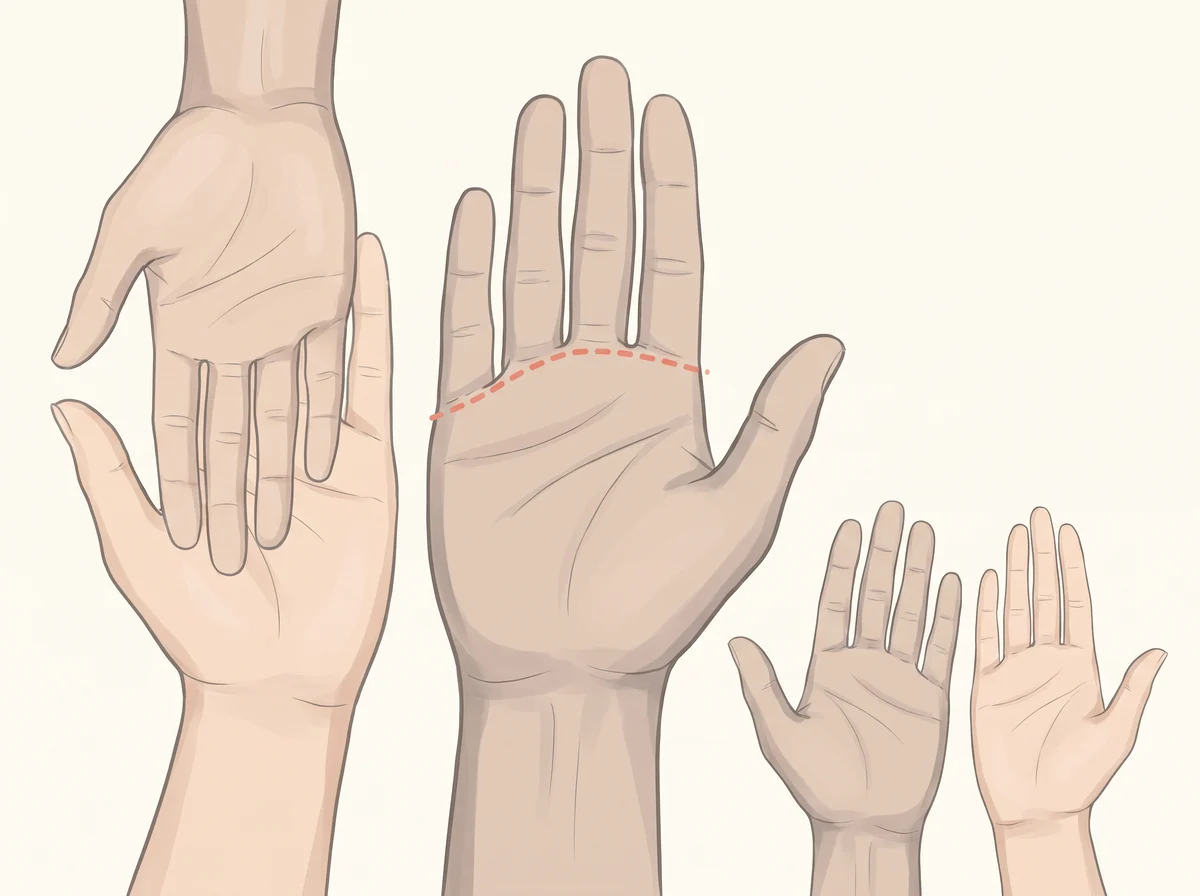 Illustration of ring finger longer than index finger. Hold your hand flat, palm up. Measure your index finger (2D) and ring finger (4D) from the crease at the base to the tip.