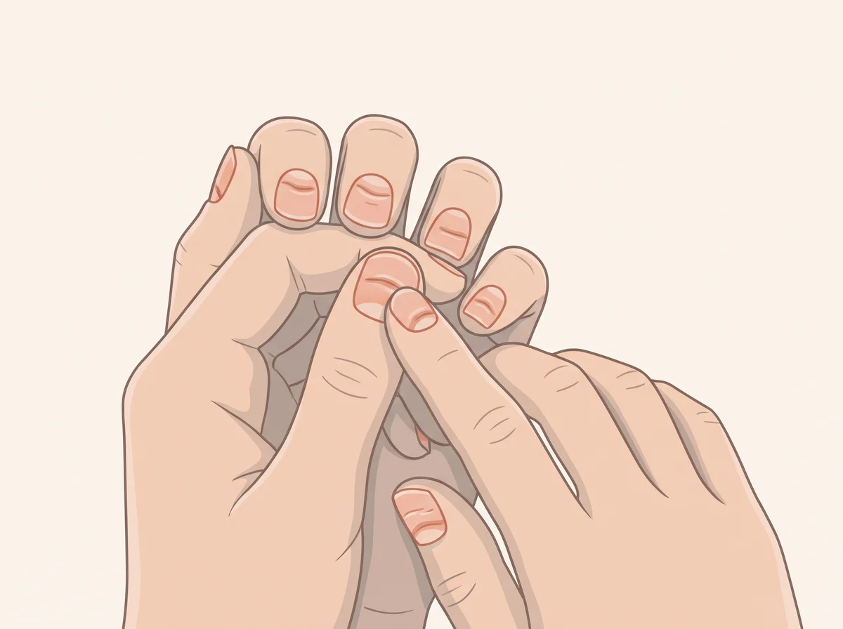 Illustration of deep sideways grooves across the nails. A groove runs side to side across the nail, and you can feel it with a fingertip. When something body-wide caused it, the groove sits at about the same spot on most or all nails.