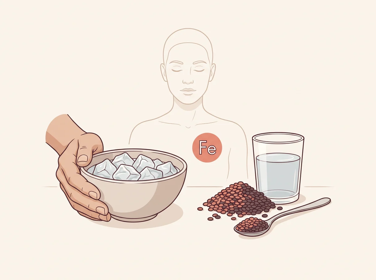 Illustration of craving and chewing lots of ice. You want to crunch ice every day, often by the cupful or trayful, and the urge is hard to skip. Liking a cold drink on a hot day does not count.