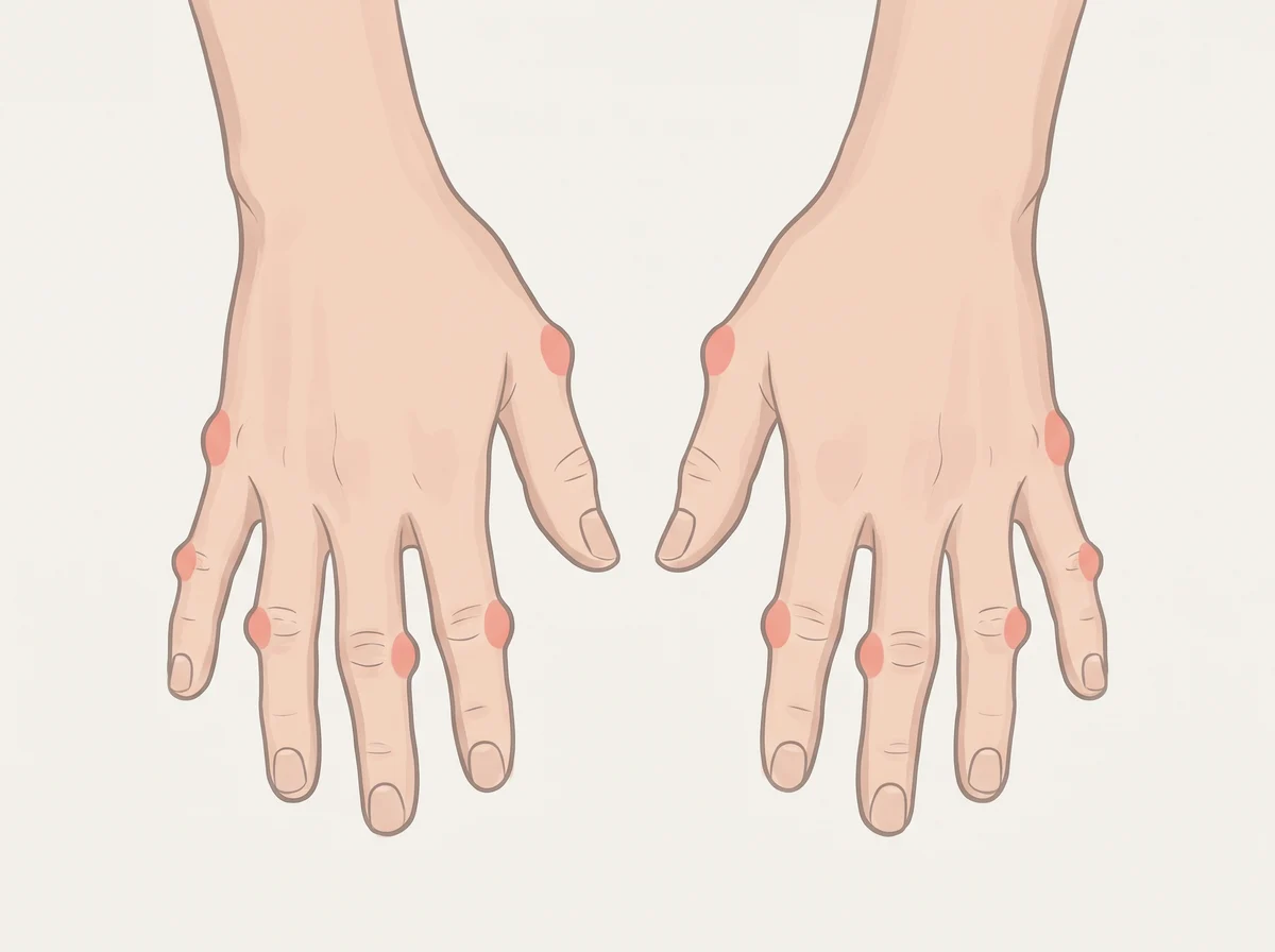Illustration of bony knobs on the end finger joints. Hard, pea-sized bumps on the finger joint closest to the nail, often one on each side of the joint. Similar bumps on the middle finger joints are called Bouchard’s nodes.