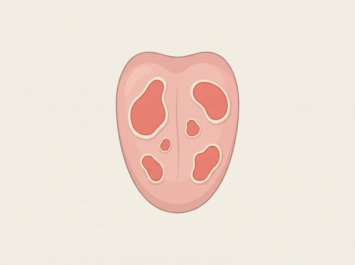 Illustration of map-like smooth patches on the tongue that move around. Smooth red patches with white or yellow wavy borders, like countries on a map. The patches change shape and move to new spots over days or weeks.