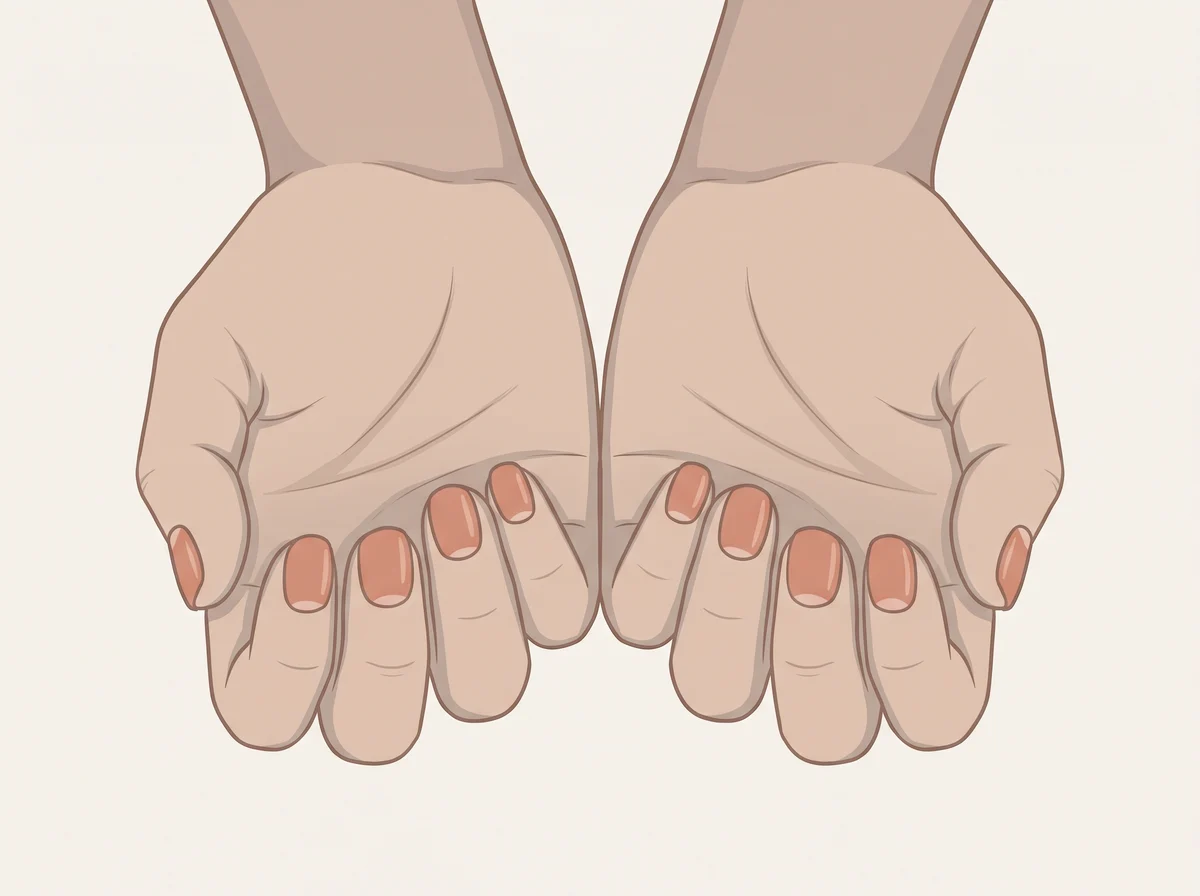 Illustration of no white half-moons at the base of your nails. Look at the base of each nail, just past the cuticle. Many people see a pale, curved patch there, most often on the thumbs.