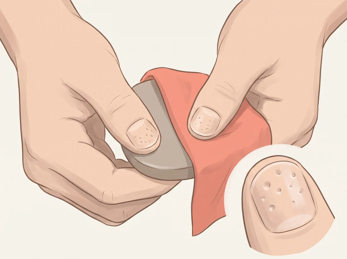 Illustration of tiny dents or pits in the nails. Small dents on the nail surface, like the dimples on a thimble. They can be scattered or sit in rows, and they catch the light when you tilt the nail.