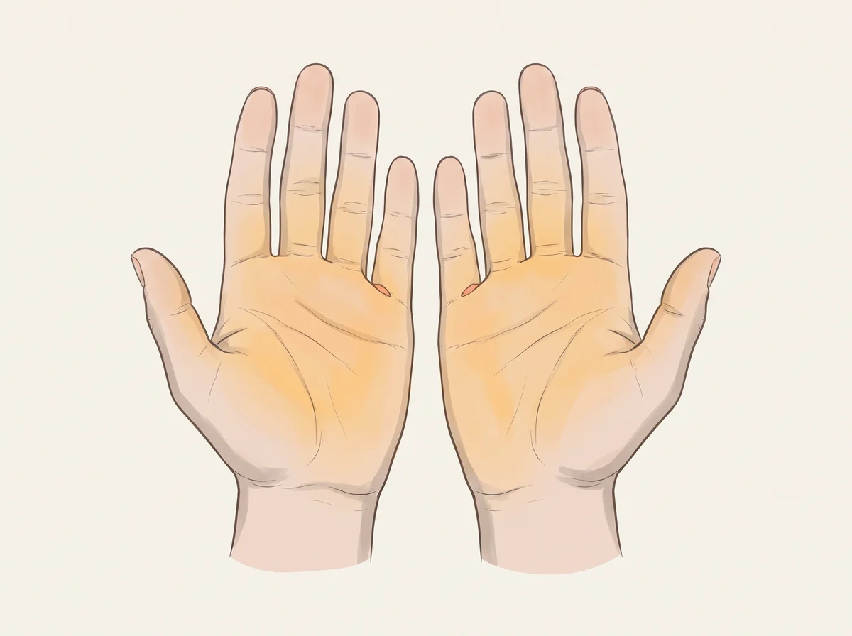 Illustration of orange-tinted palms and soles. A yellow-orange tint that is strongest on the palms, soles, and sometimes the tip of the nose. The whites of the eyes stay white.