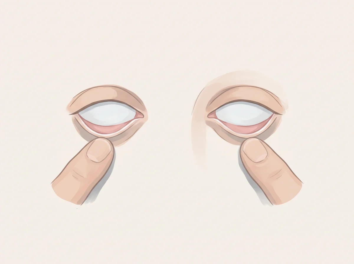 Illustration of pale inner lower eyelid. Gently pull down your lower eyelid in good light. The inner lining is normally bright pink or red.