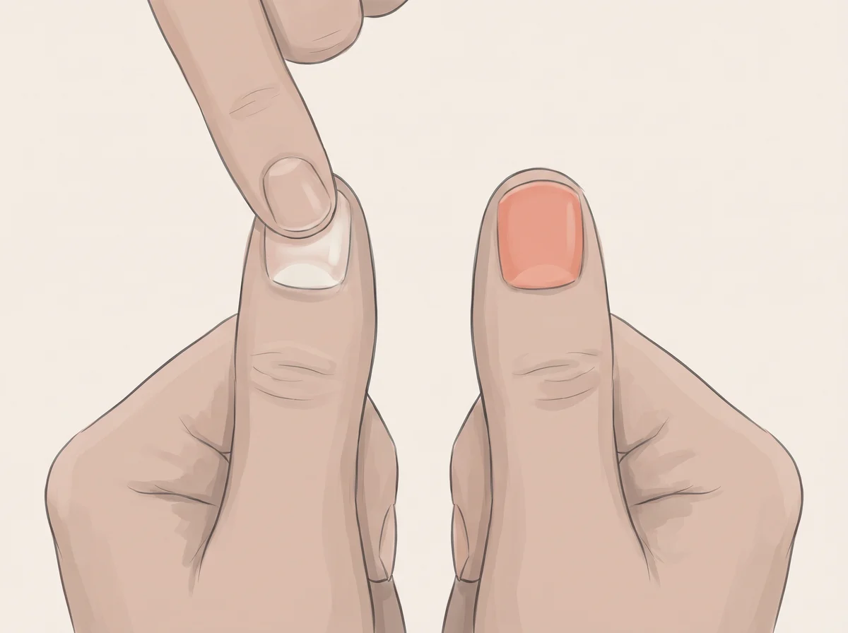 Illustration of nail beds that stay pale after you press them. With your hand at heart level, press a fingernail until the pink under it turns white. Hold for about 10 seconds, let go, and count how long the pink takes to come back.