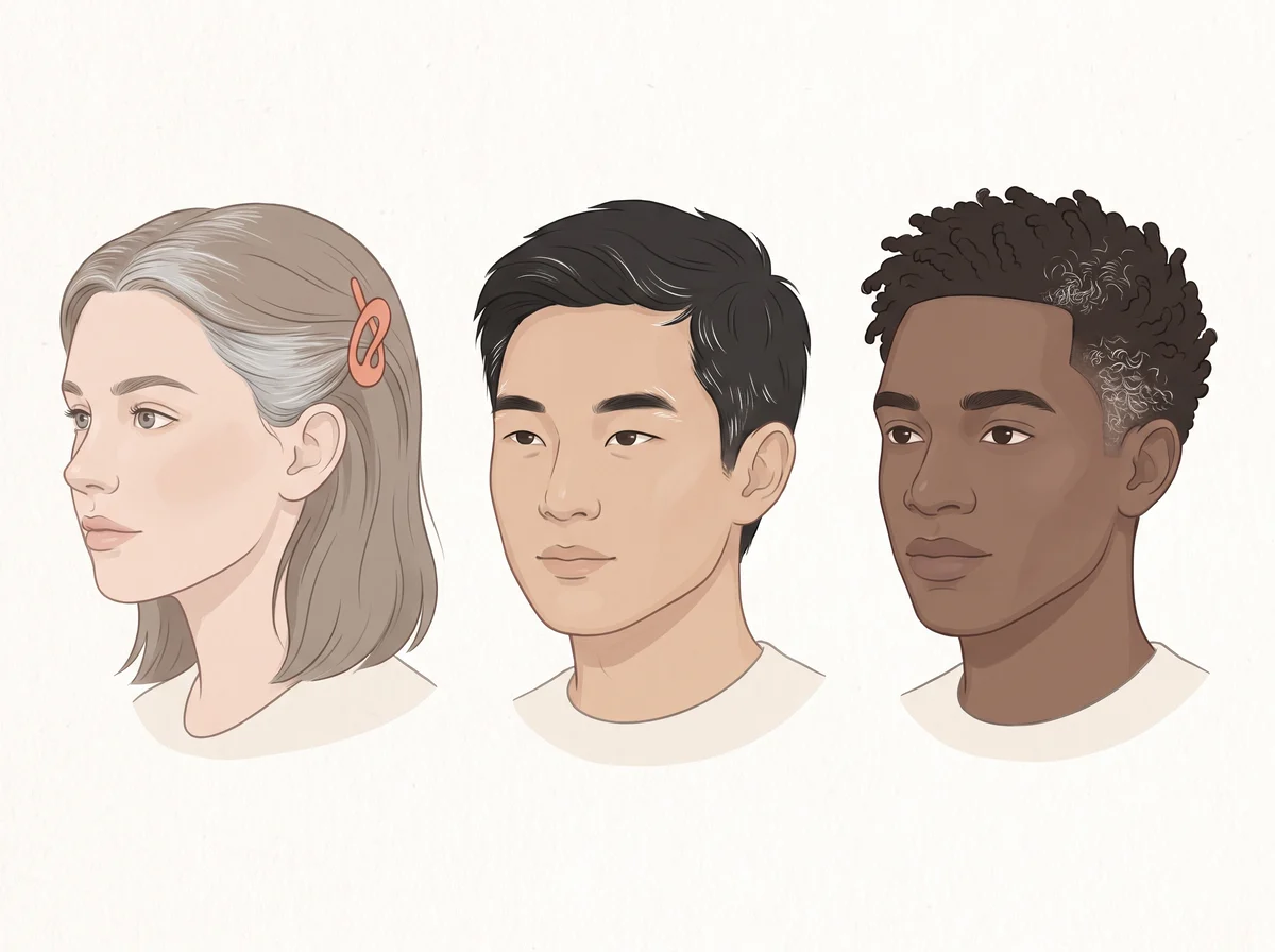 Illustration of grey hair at a young age. Many grey or white hairs before about age 20 in white people, 25 in Asian people, or 30 in Black people. The grey often starts at the temples or the crown.