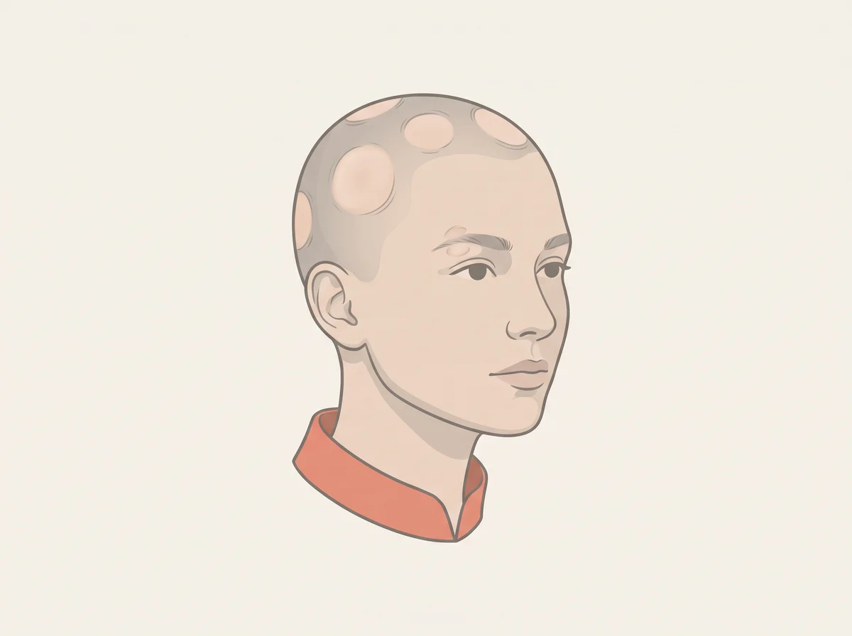 Illustration of round, smooth bald patches. One or more coin-sized, perfectly smooth bald spots on the scalp, beard, or eyebrows, often appearing within days. The skin looks normal, with no scaling or scarring.