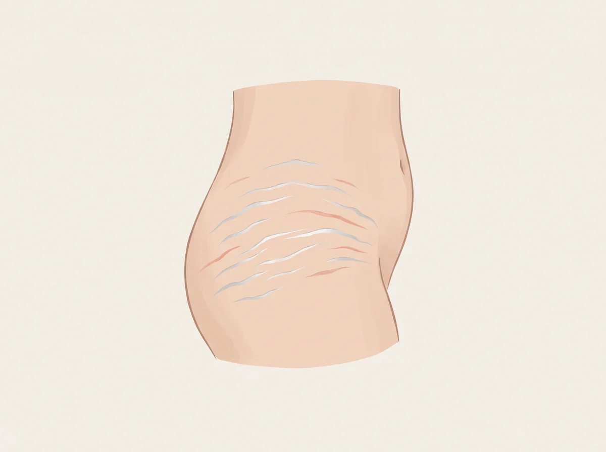 Illustration of thin silvery stretch marks. Thin lines that look paler or shinier than the skin around them, often on the hips, thighs, belly, breasts, butt, or lower back. New marks start pink, red, or purple and fade to silver or white over months to years.