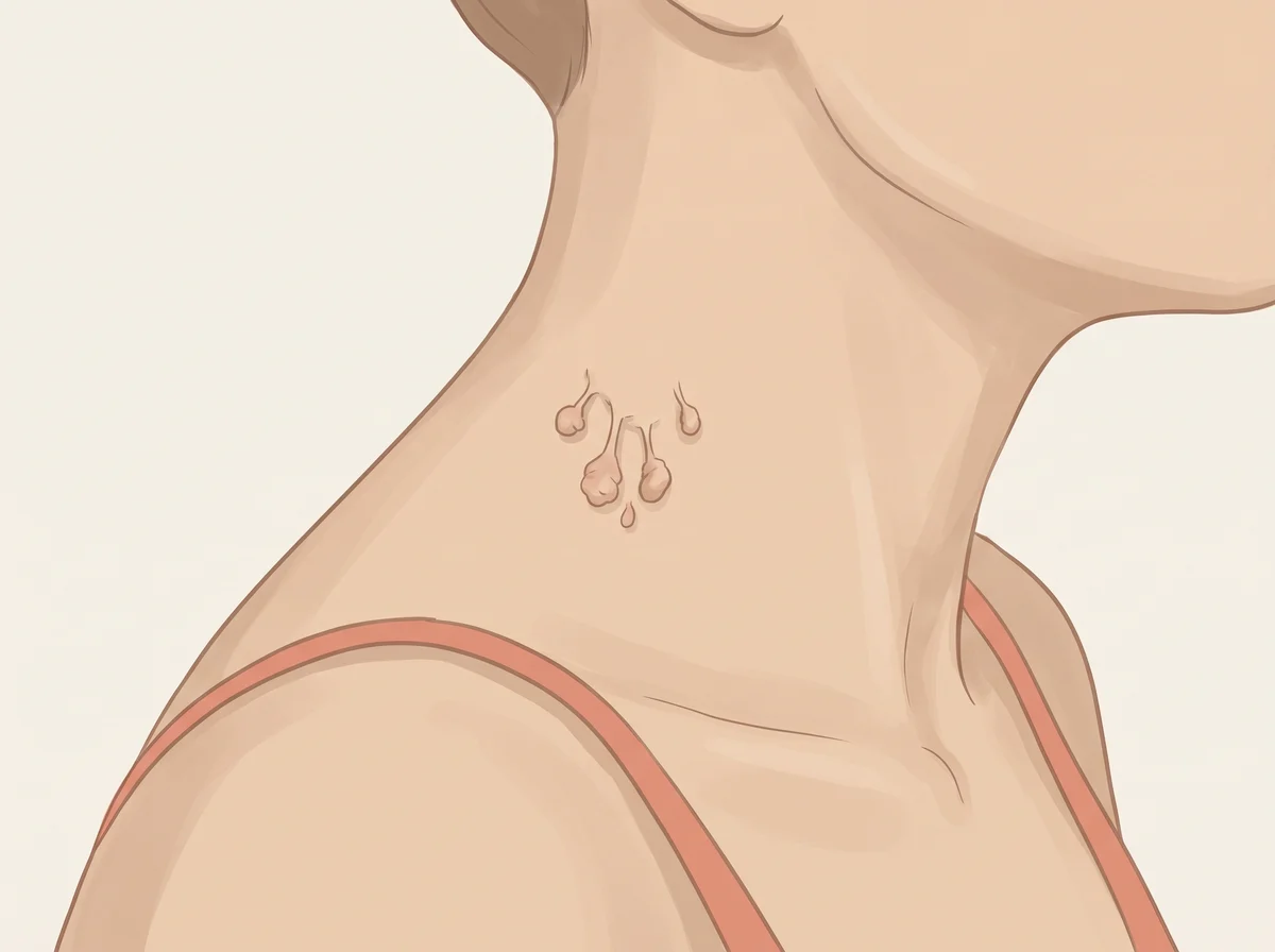 Illustration of many skin tags on the neck, armpits, or eyelids. Skin tags are small, soft, skin-colored or brown bits of skin that often hang from a thin stalk. They gather where skin rubs, such as the neck, armpits, groin, and eyelids.