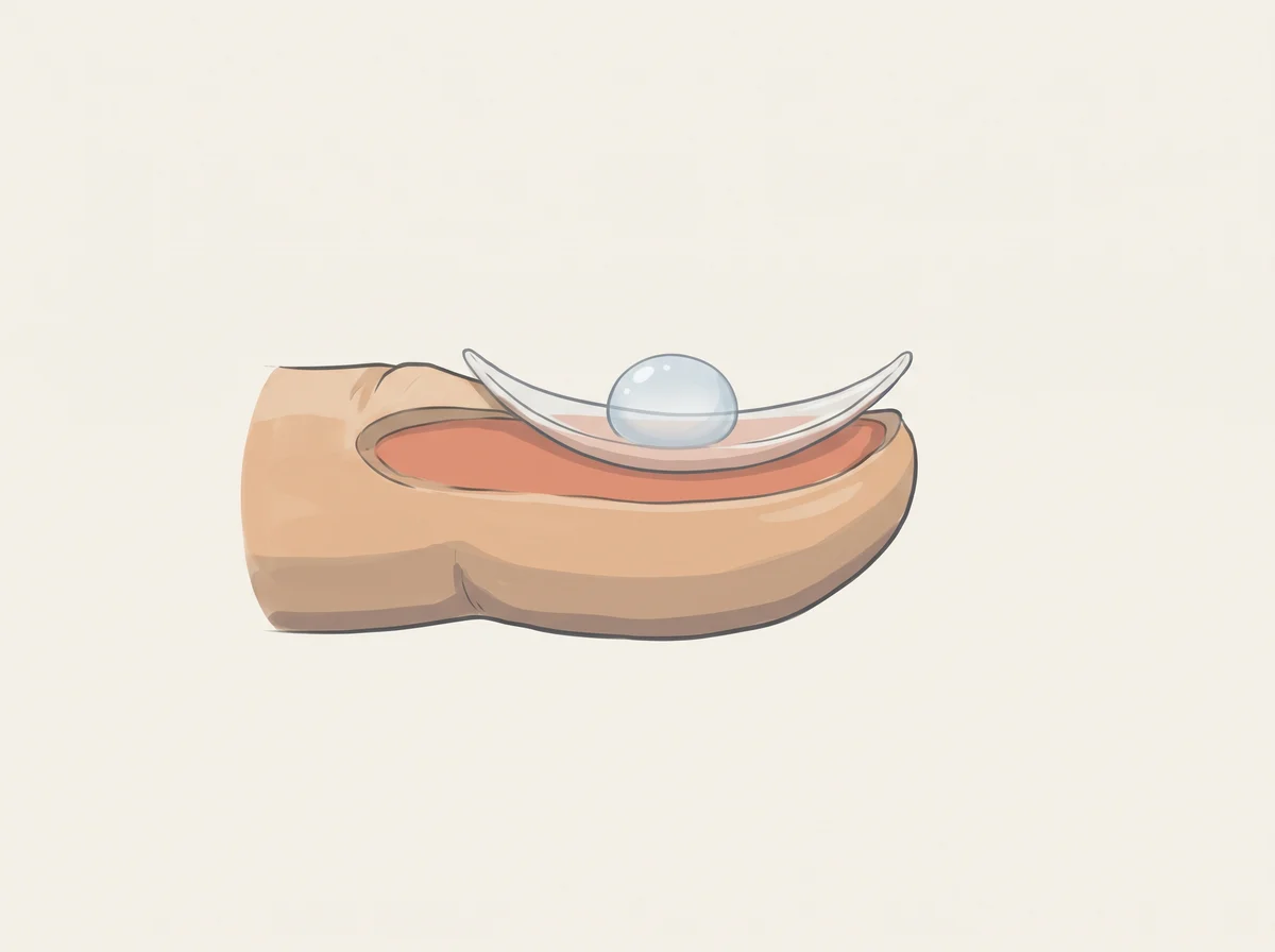 Illustration of thin nails that curve up like a spoon. Thin, soft fingernails that dip in the middle and turn up at the edges, like a small spoon. A drop of water placed on the nail stays in the dip instead of running off.