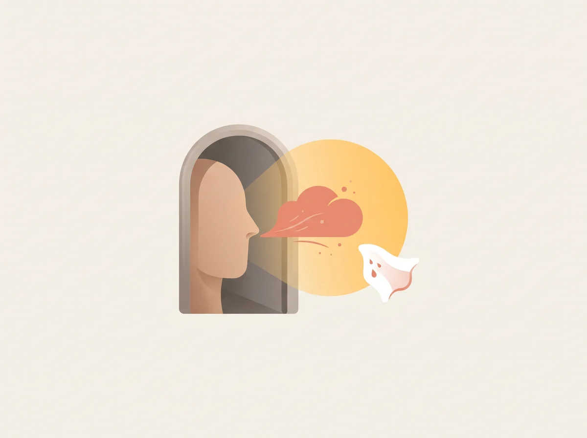 Illustration of sneezing when you step into bright sun. One or more sneezes right after you walk from a dim place into bright sunlight. It happens again and again in the same way.