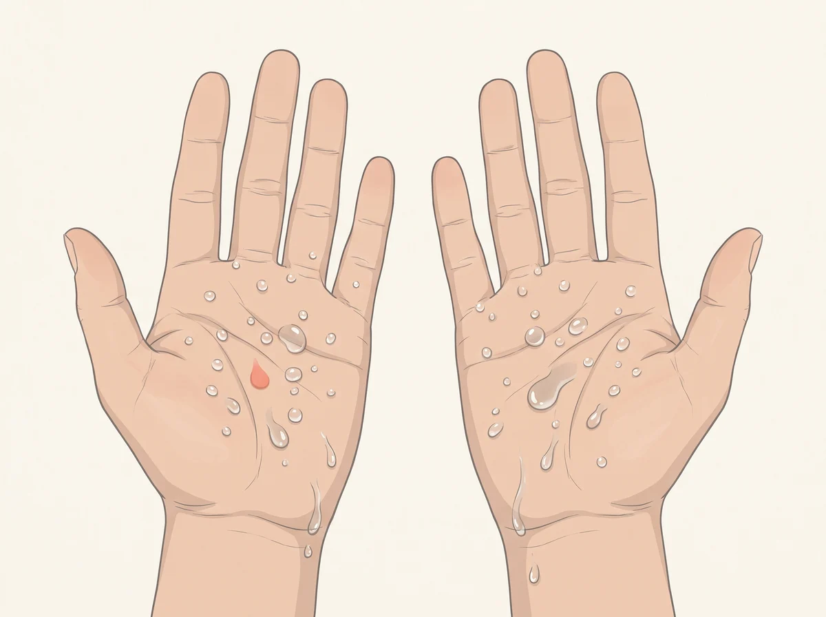 Illustration of palms that sweat for no reason. Both palms get wet, sometimes dripping, even when you feel cool and calm. The soles or armpits may sweat too.