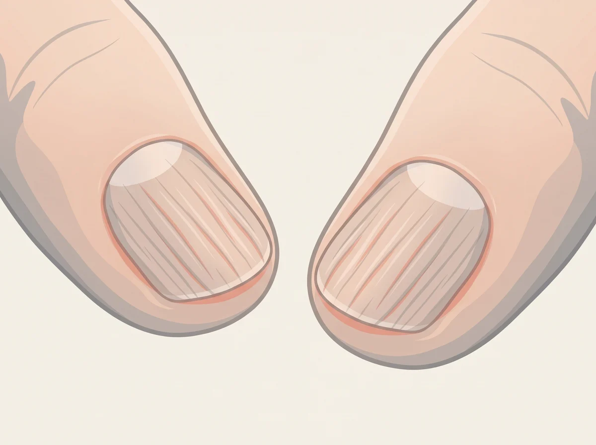 Illustration of fine lines running from the cuticle to the tip. Thin raised lines run the long way down the nail, from the cuticle to the tip, like the grain in wood. They are easiest to see when light hits the nail from the side.