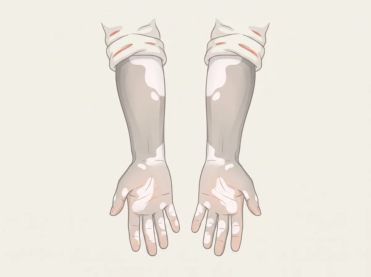 Illustration of white patches of skin that lost their color. Milky white, sharply edged patches with no pigment, often on the hands, fingers, face, around the mouth and eyes, or on the elbows and knees. The patches often show up on both sides of the body.