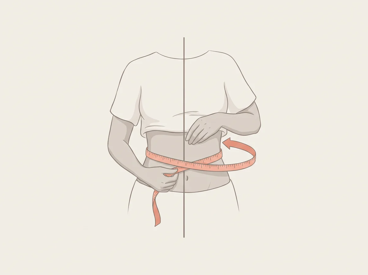 Illustration of a waist bigger than half your height. Wrap a tape around your waist halfway between your lowest rib and the top of your hip bone, which is usually just above the belly button, and breathe out normally. Divide that number by your height in the same units.