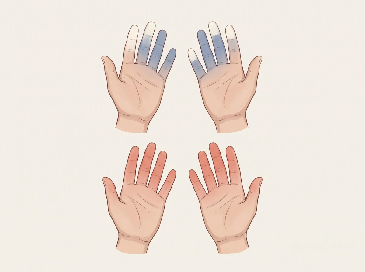 Illustration of fingers that turn white, then blue, in the cold. In the cold or under stress, one or more fingers turn a sharp white, then blue, then red as they warm up. The fingers feel numb or cold during the spell and may tingle or throb afterward.