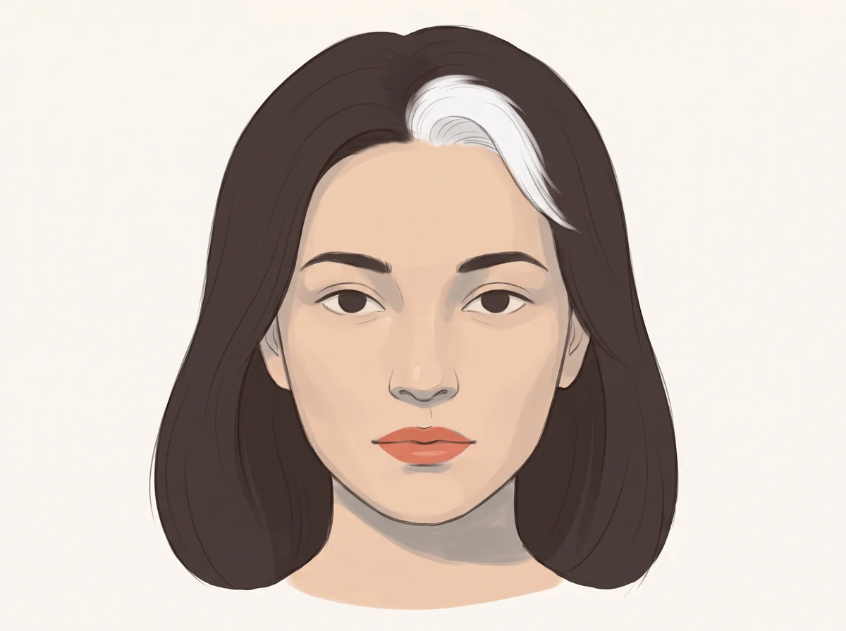 Illustration of a single white streak or patch of hair. One tidy patch of white or gray hair in hair that is otherwise dark. It can be at the front hairline, elsewhere on the scalp, or in an eyebrow, eyelashes, or a beard.